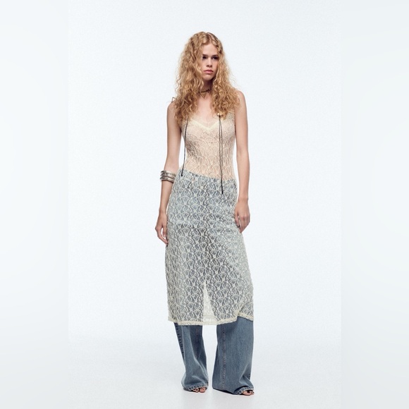 Zara Dresses & Skirts - Zara Lace V-neck Semi-Sheer Midi Dress, Cream M NWT